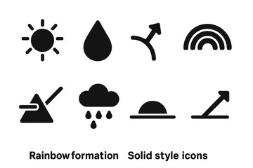 Fototapeta premium Rainbow Icon Set. Solid style icons of Rainbow Formation: Sunlight, Water Droplet, Refraction Arc, Color Bands, Prism Glow, Rain