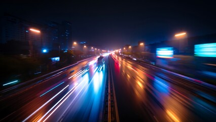 Fototapeta premium City highway at night with colorful light trails and blurry motion