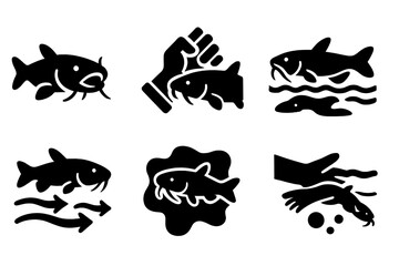 Naklejka premium Catfish Affair Icons. Solid style icons of Catfish Catching: Wide Mouth Fish, Strong Grip, Fisherman’s Glove, Shallow Water, River