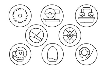 Gem Cutting Icons. Line style icons of cutting and shaping in round shape: saw blade, trim saw, cabbing machine, slice view; cut