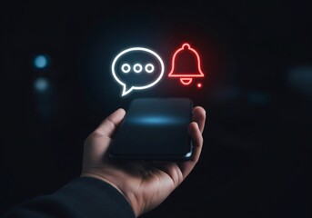 Person holding a smartphone with glowing notification icons for messages and alerts in the dark.