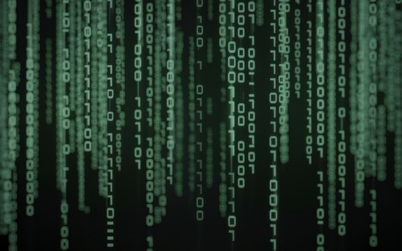 Digital rain of binary code cascades down a dark screen, symbolizing data and technology.