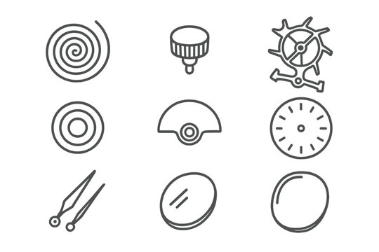 Horology Parts Icons. Line style icons of Horology parts: mainspring, crown, escapement, jewel bearing, rotor, dial, hands,