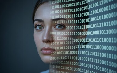 Young woman's face illuminated by streams of digital binary code, representing technology and information.