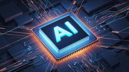 Glowing AI microchip on a digital circuit board background, symbolizing artificial intelligence and futuristic technology. 3d Rendering 
