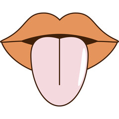 Open Mouth with Light Pink Tongue Sticking Out Peach Colored Lips with Dark Brown Outline Against White Background Retro Graphic Style