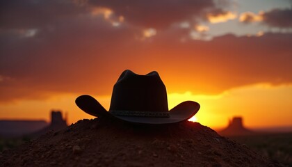 Silhouette cowboy hat rests on arid hill against vibrant sunset sky. Distant rock formations stand in golden desert landscape. Evokes solitude and Western themes.