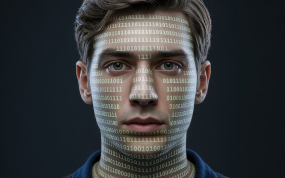 Man's face covered in binary code, representing digital identity and data.