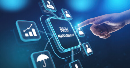 Risk Management Identifying and Mitigating Business Risks, projection on a virtual screen, Business and Technology Concept. 
