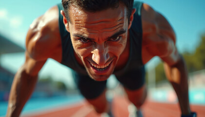 Fototapeta premium Close up of determined man runs at stadium during marathon sport event. Sweaty face of athlete during intense workout. Muscular strong body. Hard cardio endurance training.