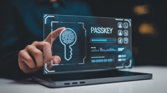 Finger touching digital fingerprint scan interface with passkey login on futuristic screen above tablet on dark background, symbolizing cybersecurity concept.