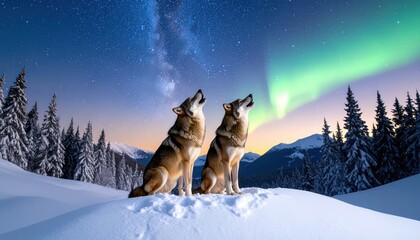 Two wolves howling beneath a vivid aurora in snowy mountains, symbolizing unity, nature's beauty, and northern winter wilderness, possibly Norway or Canada