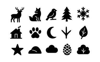 Naklejka premium Nature and wildlife icons set: silhouettes of animals, trees, and more