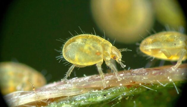 Microscopic view of spider mites crawling on a leaf surface showcasing pest infestation in agriculture and biological magnification for research and control