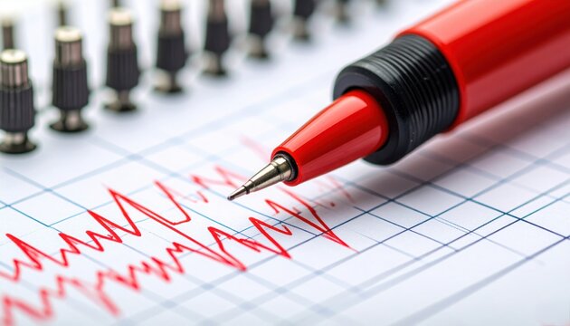Close-up of a seismograph recording earthquake tremors with red ink pen, symbolizing geology, disaster monitoring, and seismic activity