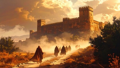 Fototapeta premium Ancient fortress in golden sunset with monks on pilgrimage road symbolizing spirituality, tradition, history, heritage and timeless medieval strength