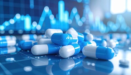 Pile of medical capsules with blue and white colors symbolizing healthcare industry innovation biotechnology research pharmaceutical development and digital health trends