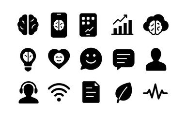 Set of modern silhouette icons on technology, communication, and wellbeing
