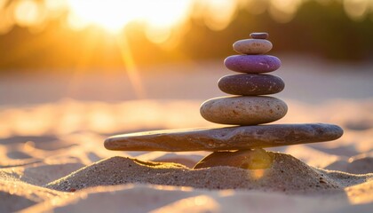 A balanced stack of colorful stones on sandy beach at golden hour symbolizes peace, stability, relaxation and harmony with natural seaside energy