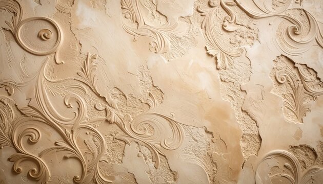 Textured plaster wall with ornate decorative swirl patterns representing classical european interior design elegance timeless craftsmanship and artistic heritage