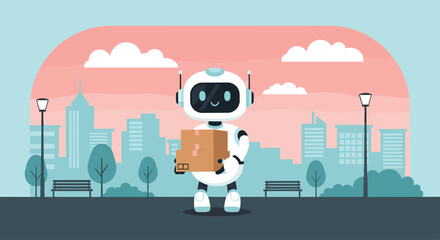 Friendly delivery robot in city park bringing package offers future tech solutions for logistics and shipping innovations for e-commerce businesses