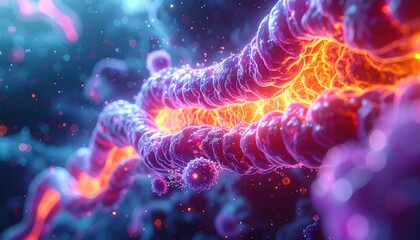 A vibrant visual of twisting biological structures illuminated with inner glowing energy suggesting ideas of DNA, evolution, vitality, and futuristic medicine