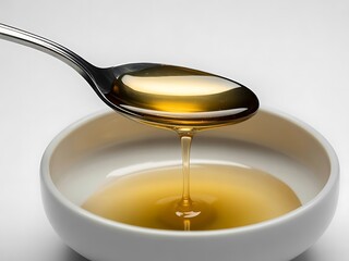 Golden honey dripping from a spoon into a white bowl, viscous liquid motion