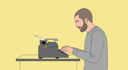 Man with beard typing on vintage typewriter with focused expression on yellow background perfect for creative writing projects and retro designs