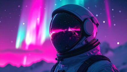 Astronaut standing under glowing aurora lights with reflective visor showing cosmic imagery symbolizing human exploration, wonder and the future of space discovery