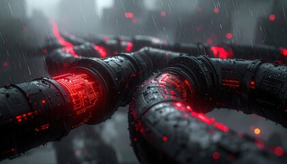 Cybernetic pipes bending through a rainy futuristic cityscape, representing resilience, hidden systems and the flow of technology within urban environments