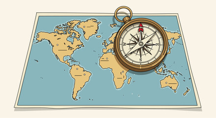 Vintage world map with classic compass pointing north evokes adventure and exploration, perfect for travel blog or educational designs