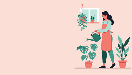 Woman waters plants in a modern apartment, bringing life and vibrancy to her home with stylish indoor gardening and a peaceful, relaxing hobby