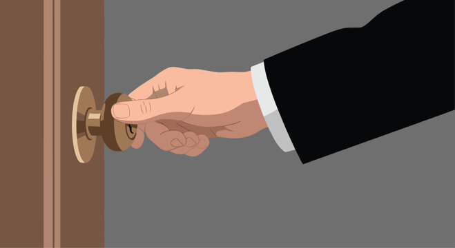 Business professional opens the door to opportunity, new beginnings, or a confidential meeting, creating a sense of anticipation and intrigue