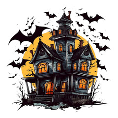 Halloween house with bats, isolated without background