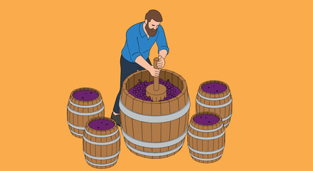Crafting delicious wine the old fashioned way, pressing grapes with a wooden tool and oak barrels for a traditional vintage experience