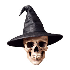 realistic skull in a black witch's hat without background, isolated