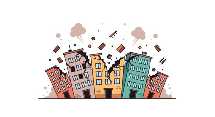 Illustrative cartoon buildings damaged by earthquake disaster with cracks and falling debris for emergency preparedness messaging and design