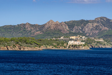 Elba Island Coastal View Over Dark Blue Sea - Scenic Seaside Landscape, Rugged Cliffs, Mediterranean Colors, Sunset Mood