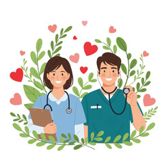 A cheerful nurse with a clipboard and a doctor with a stethoscope standing amid green leaves and heart symbols representing recovery