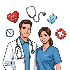 A kind doctor and nurse standing side by side surrounded by floating medical symbols like hearts, crosses, and stethoscopes