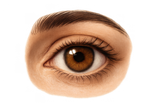 Human brown eye opening with focused sight, showing iris, pupil, lashes, and eyebrow on transparent background