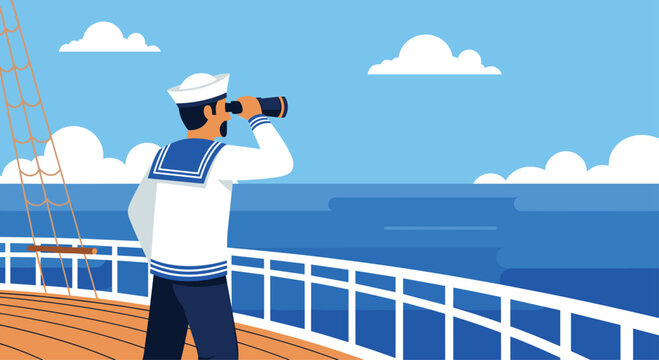 Determined sailor scans horizon with binoculars from ship deck, seeking new adventures and distant shores