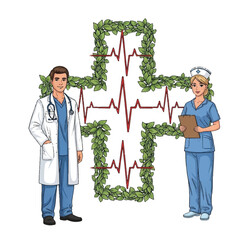 A male and female healthcare duo standing beside a big cross made of leaves and heart rate curves