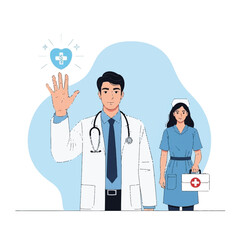A doctor confidently presenting a glowing medical sign in the air, while a nurse stands next to them carrying a first aid kit