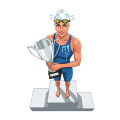 A smiling woman swimmer on a podium clutching a trophy, traces of water showing her recent race