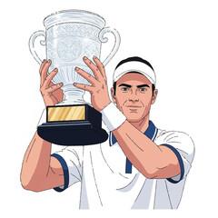 A confident player in tennis attire lifting a sparkling crystal award triumphantly