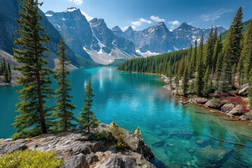 Naklejka premium Bright turquoise lake surrounded by evergreen forest and snowy mountains.