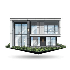 A modern architectural house design with sleek geometry, clear glass walls, and ambient lighting among small plants