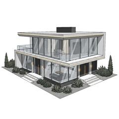 A chic minimalist residence with large glass façades, elegant lights, and surrounding greenery