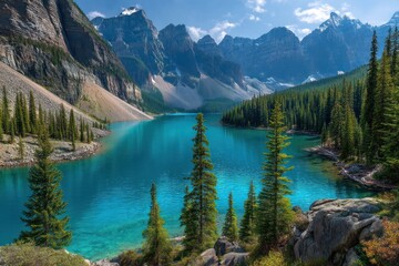 Turquoise alpine lake surrounded by steep mountains and evergreen forest.